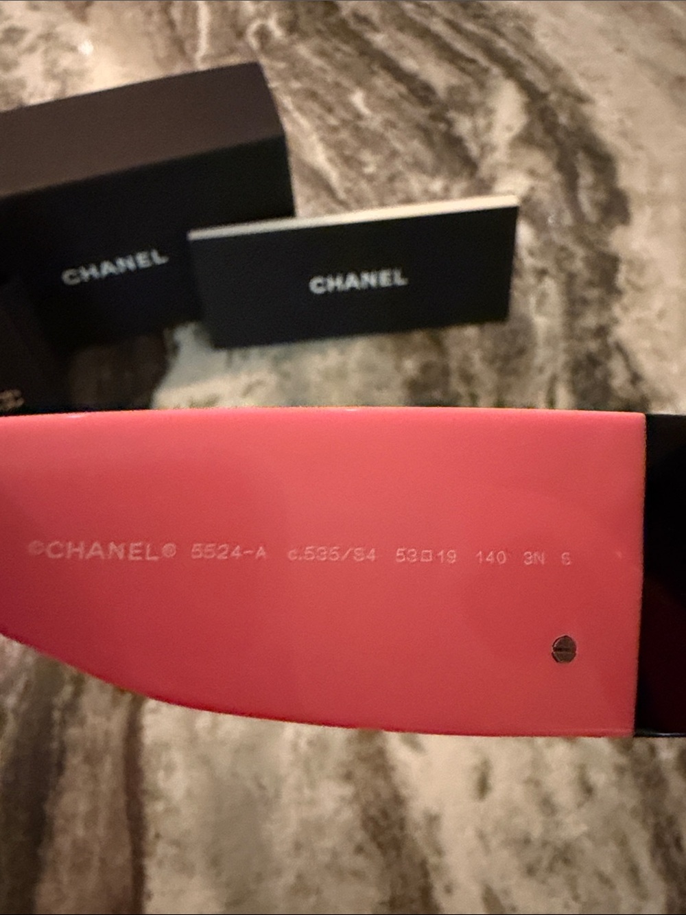 CHANEL Black Frame Sunglasses with Pink Temples and Dark Lenses - Picture 6 of 6